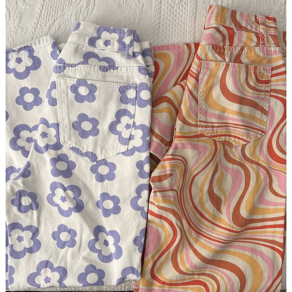 2 Pair Shein Wide Leg Jeans Color Hippie 70's Flower High Rise Psychedelic‎